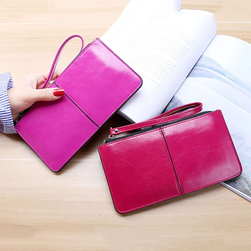 Women's Vintage Oil Wax Leather Zipper Clutch Bank Female Large Capacity Coin Purse Ladies Wristband Simple Card Holder Wallet