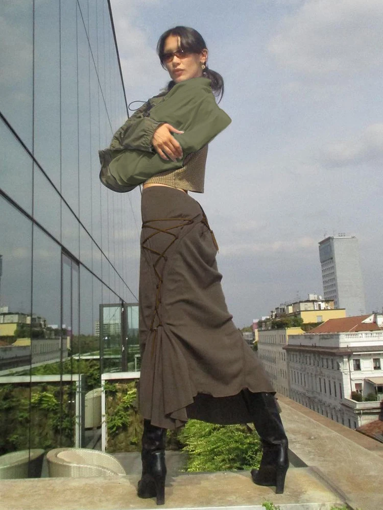 

WeiYao Y2K Lace Up Midi Skirts Patchwork Low Waisted Vintage Long Skirts Streetwear Fashion Korean Aesthetic Outfits Chic New