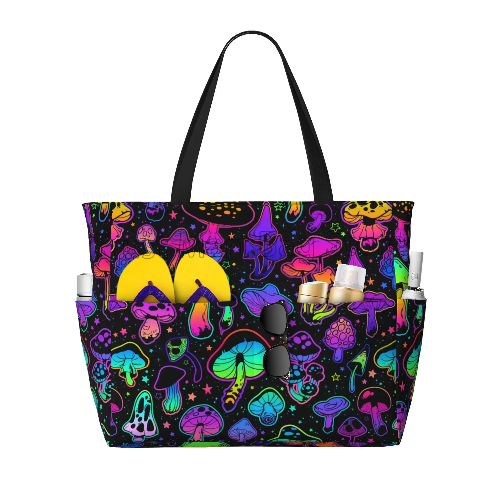 Magic Mushrooms Large Beach Tote Bag Women Waterproof Sandproof Zipper for Pool Gym Swim Travel Vacation
