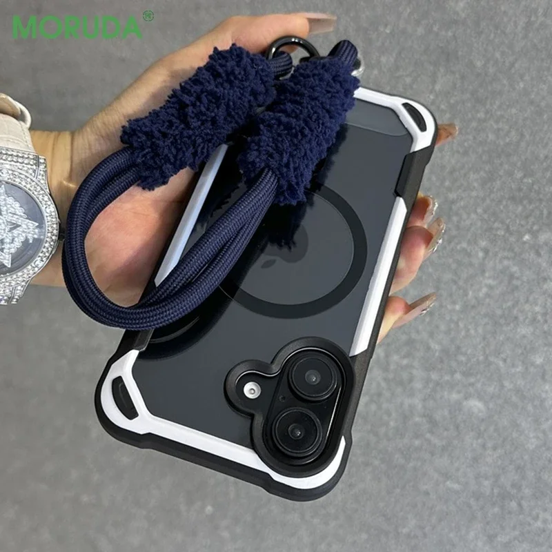 Clear Magnetic Color Collision Bumper Phone Case for iPhone 11 12 13 14 15 16 Pro Max Plus ins Plush Lanyard Magsafe Hard Cover