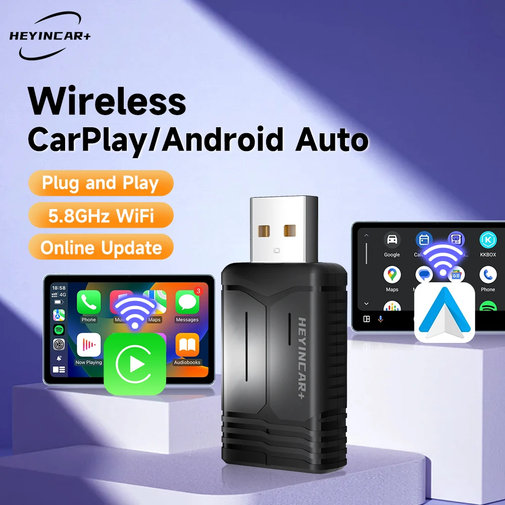 Фото Беспроводной адаптер HEYINCAR CarPlay USB для CarPlay и Android Auto, с портом Type-C, преобразует проводное подключение в беспроводное, Plug & Play, Auto-C. №1