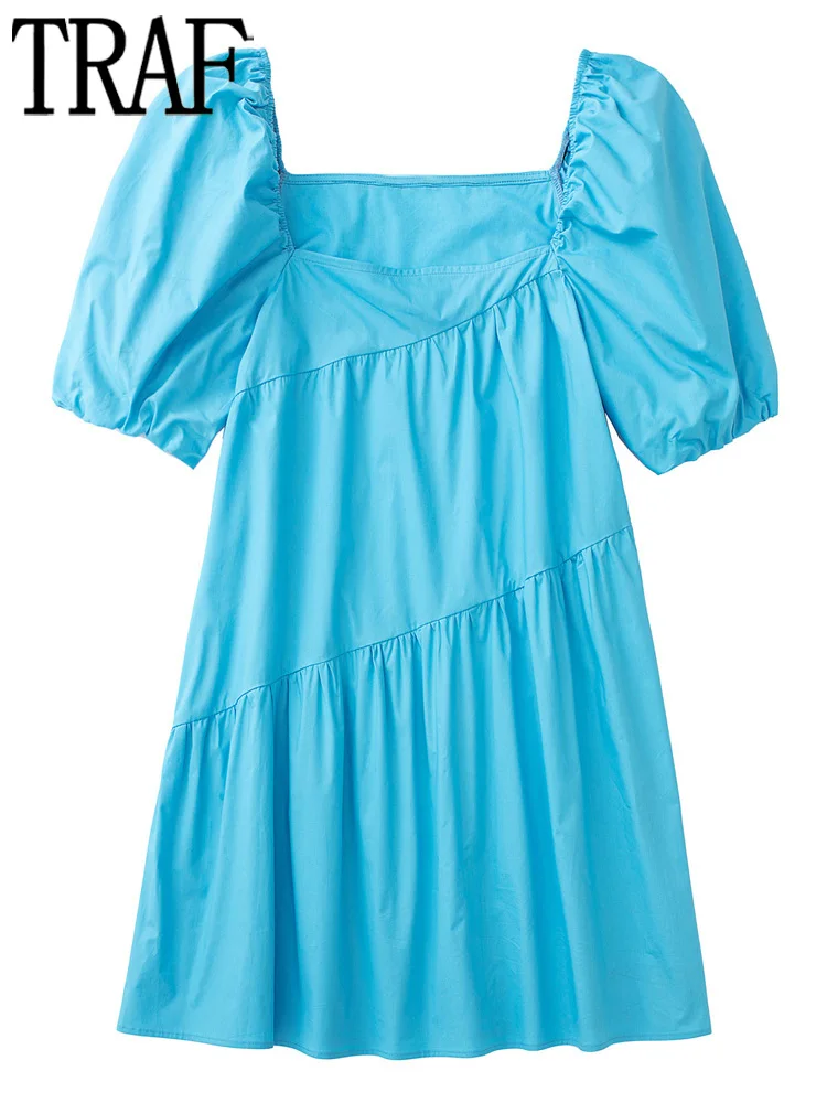 

TRAF Blue Pleated Short Dress Woman Loose Casual Dresses for Women 2022 Puff Sleeve Backless Female Dress Summer Ruched Dress