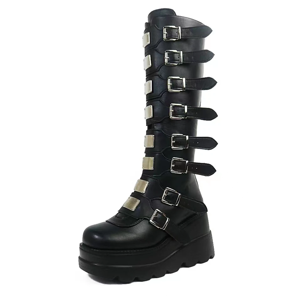 Punk Style Brand Ladies Motorcycle Boots Black Fashion Wedge High Heel Shoes Autumn Winter Gothic Demonias Platforms Woman Boots images - 6