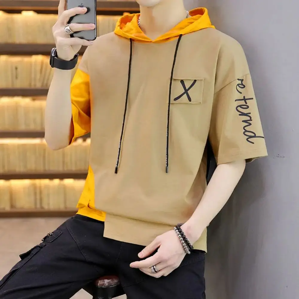 

Letters Printed Summer Patchwork Men Cotton T-shirts Tees Tops Hooded Collar Short Sleeve Harajuku Streetwear Hooded Hiphop