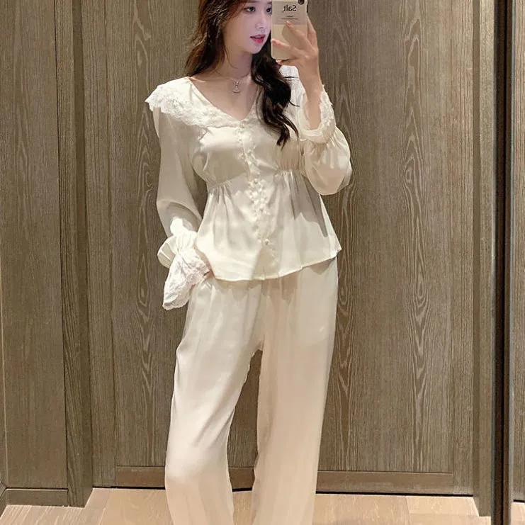 Luxury Lace French Court Style Temperament Long-sleeved Housewear Two-piece Women's Autumn New Pijamas Set Sleepwear Sleep Tops