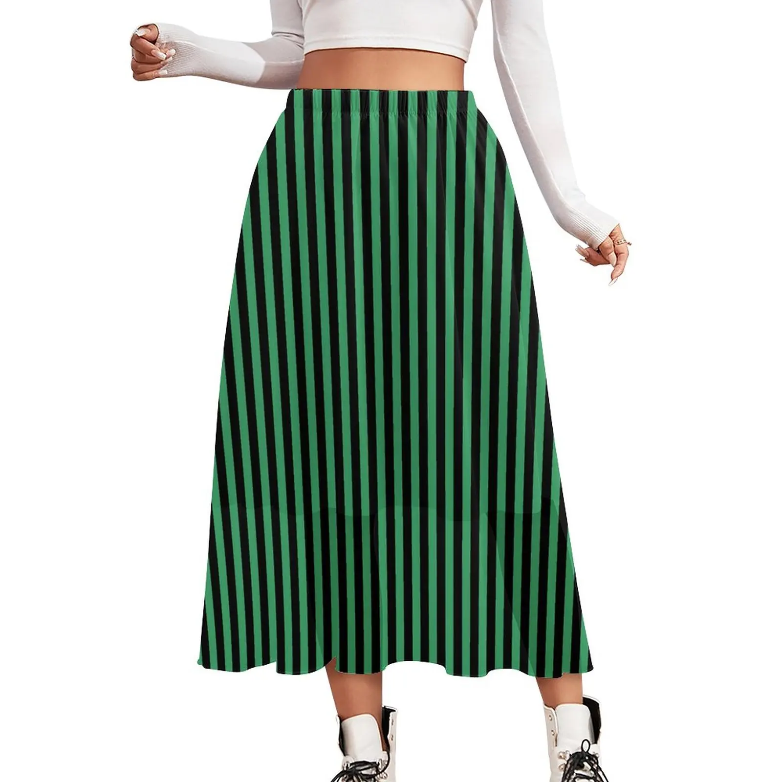 

Candy Striped Skirt Women Green and Black Beach Boho Skirts Printed Elastic Waist Aesthetic A-line Skirt Big Size 2XL 3XL