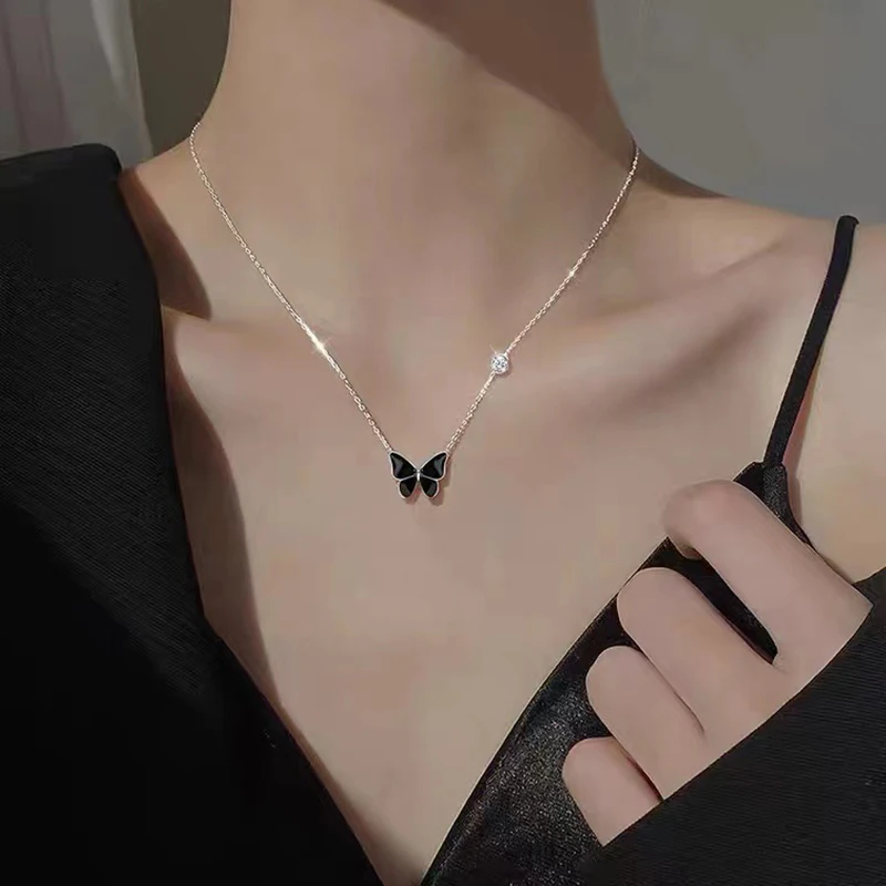 

Summer 925 sterling silver black butterfly necklace female exquisite clavicle chain temperament pendant gifts to friends jewelry