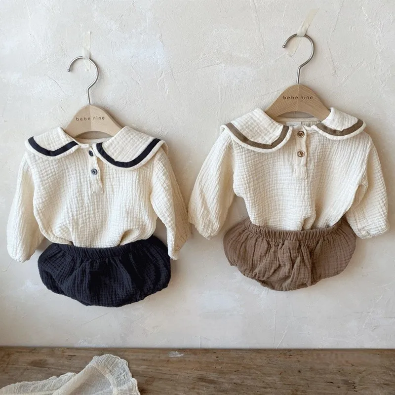 

Baby Boy Girl Clothes Set Muslin Spring 0-3Y Baby Organic Cotton Lapel Navy Style Long Sleeve Tops + Shorts Newborn Baby Sets