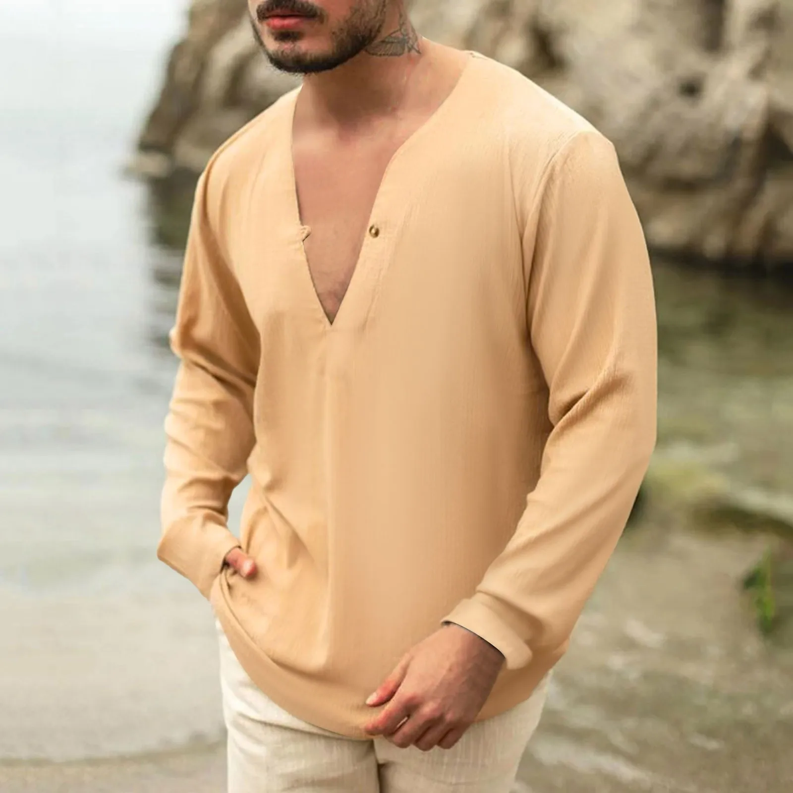 

Men's Shirt V Neck Casual Solid Color T Shirt Men's Cotton And Linen Shirt Mens Turtleneck Shirts Long Sleeve Mens Tee Shirt