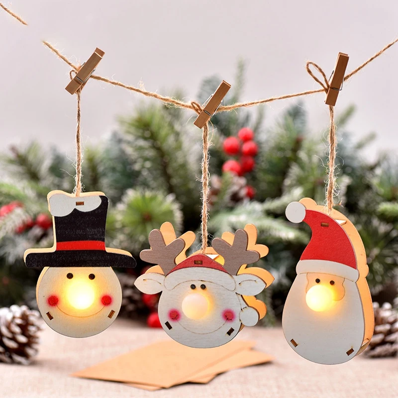 

Ornaments Tree Lights Glow Figure Scene Decor Elk-Decor Hanging Light For Snowman-Pendants Wooden Cartoon Luminous Decor