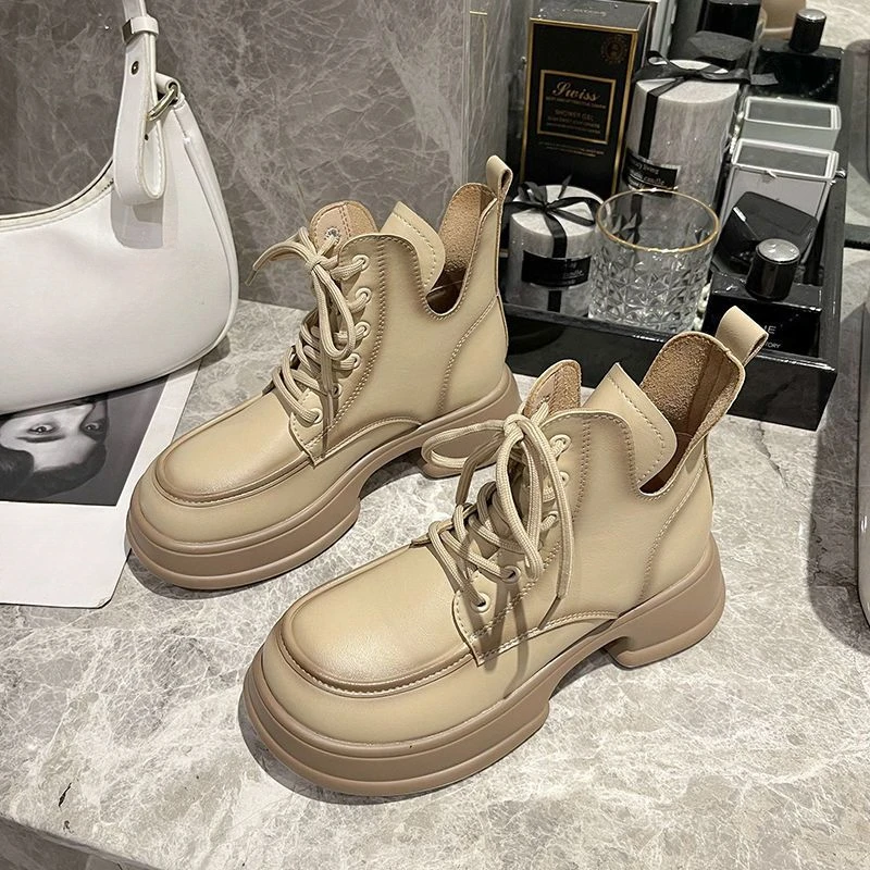 

Black Chunky Booties Platform with Laces Sports Sneakers Round Toe Women's Ankle Boots Brown Lace-up Biker High Footwear Leather