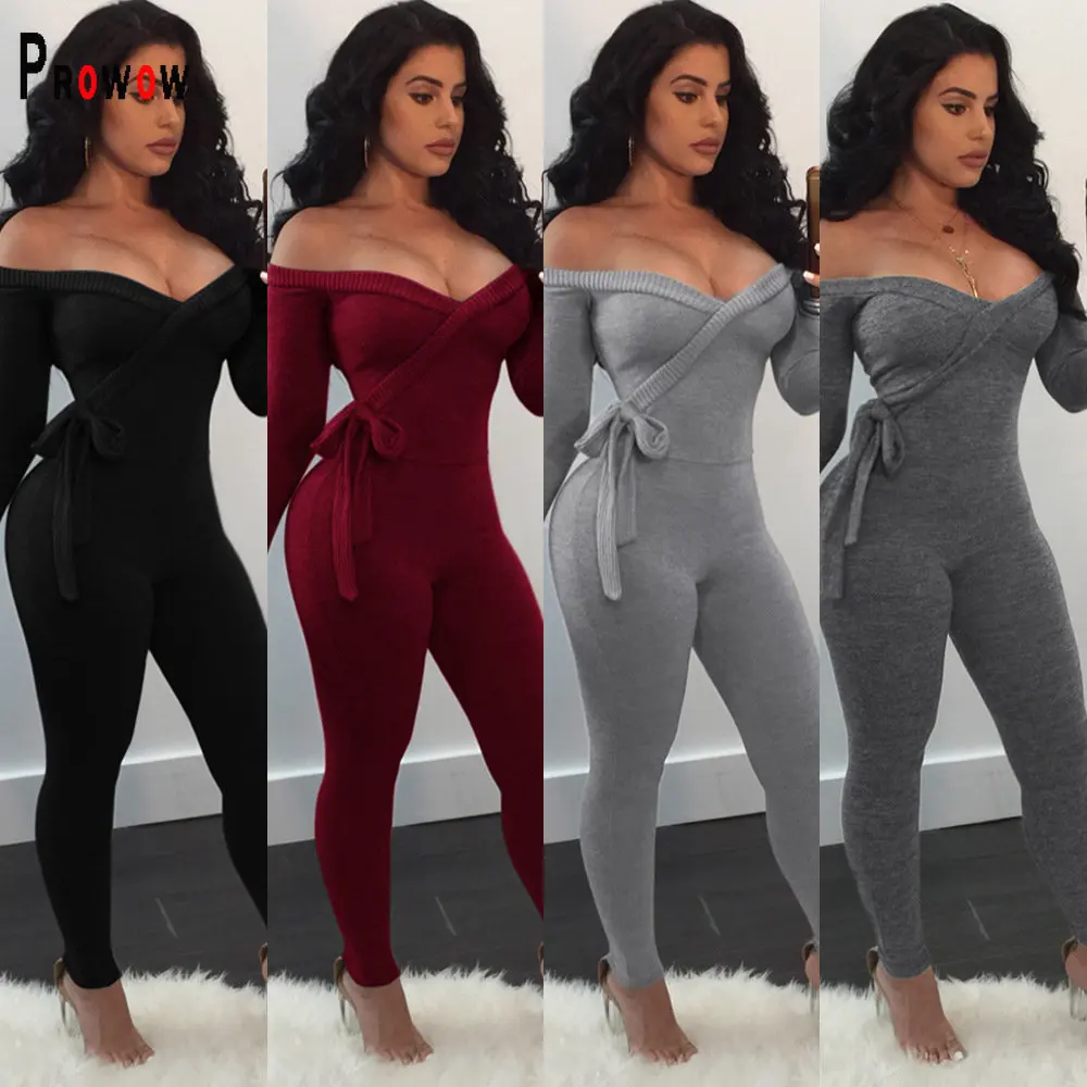 

Prowow Boydocn Outfits Skinny Women Jumpsuits Long Sleeve Spring Fall Shoulderless One-pieces Romper Solid Female Streetwear