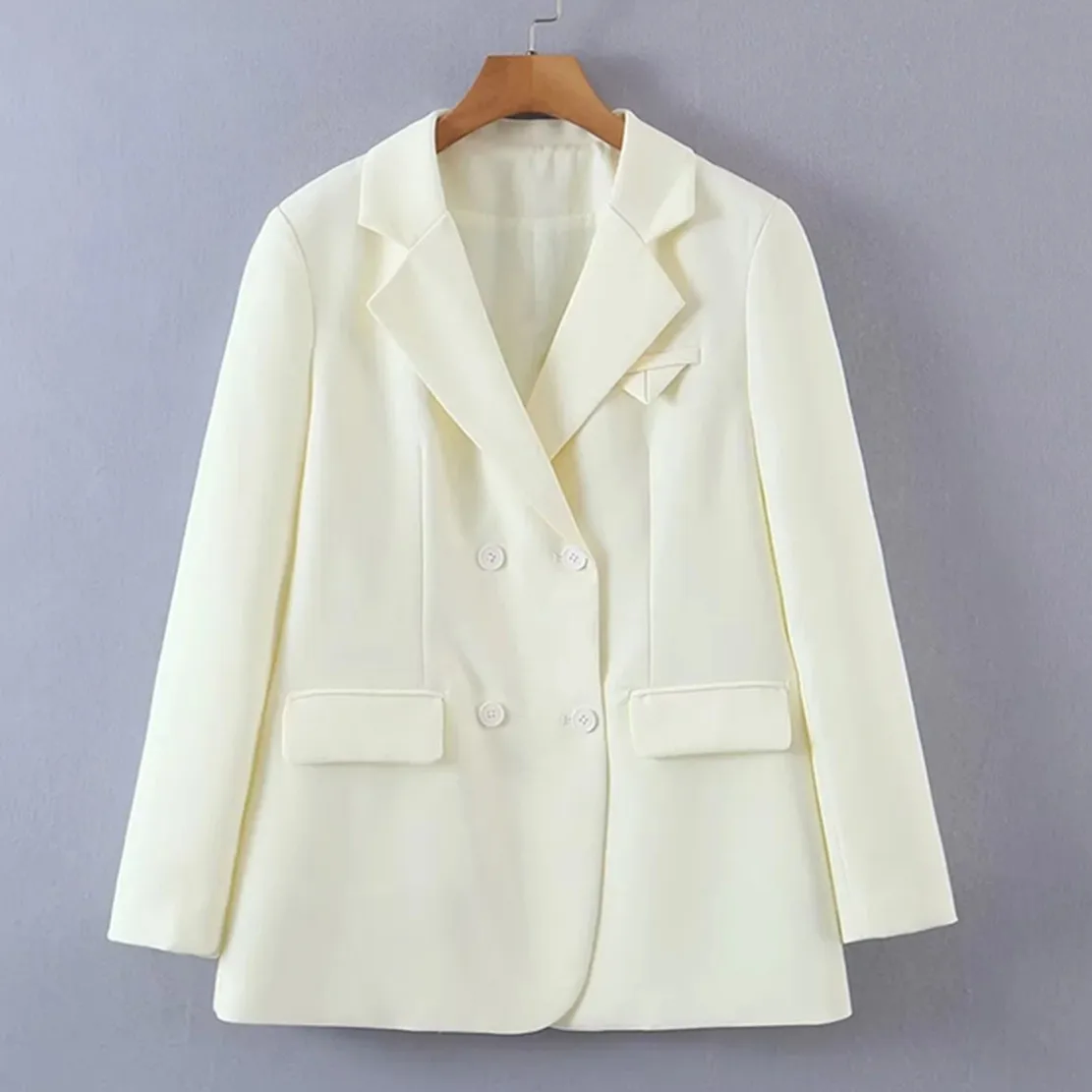 Jenny&Dave Ins Blogger Fashion Pockets Milk White Color Casual Blazers Loose Double Breasted Jackets Women
