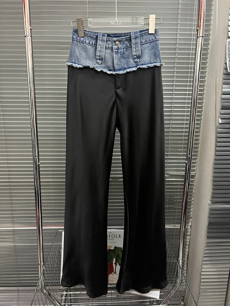 

2023 Summer New Women's Denim Raw Edge Splicing Trousers y2k clothes Spice Girls Fashion Satin Slim Micro Flare Casual Pants