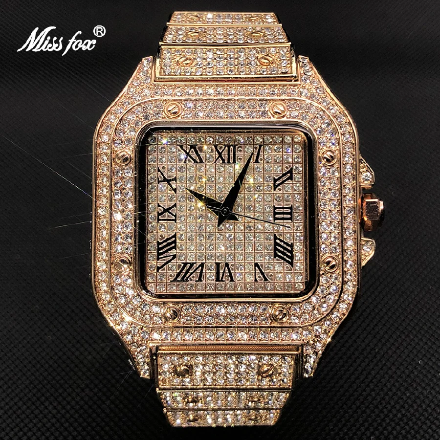 

MISSFOX Hip Hop Men Watch With Diamond Rose Gold Stainless Steel Wristwatch For Male Luxury Trendy Iced Out Jewelry Clock Square