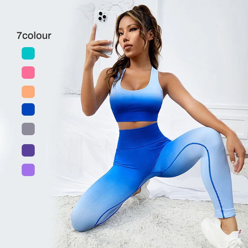 

Seamless Gradient Yoga Sets Sports Fitness High Waist Hip-Lifting Pants Backless Bra Suits Workout Gym Leggings Sets for Women