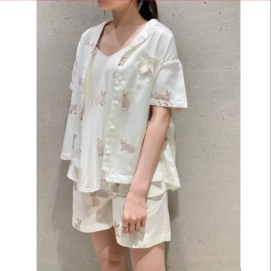 

Gelato Pique Pajamas Room Wear Satin Cat Printed Short Sleeve Summer Cute Thin