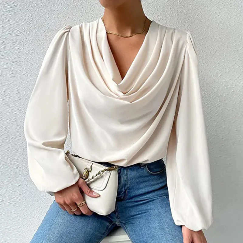 

Женская шифоновая блузка с рукавами-фонариками, однотонная свободная элегантная плиссированная блузка с V-образным вырезом и драпировкой, в винтажном стиле, осень 24336