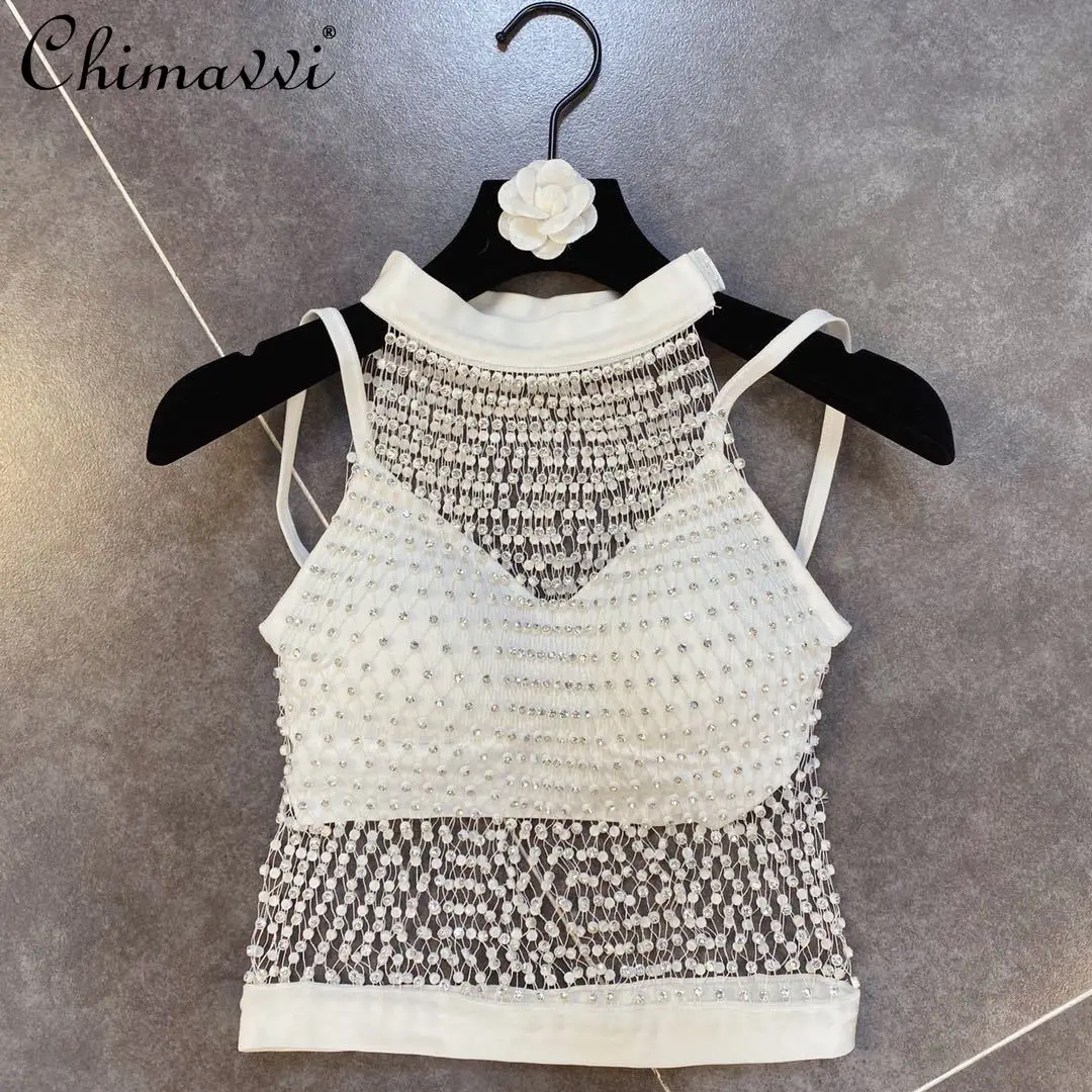 

2022 Summer New Fashion Net Drill Shiny Vest with Beautiful Back Wrapped Chest Sexy Top Outerwear Nightclub Two-Piece Set