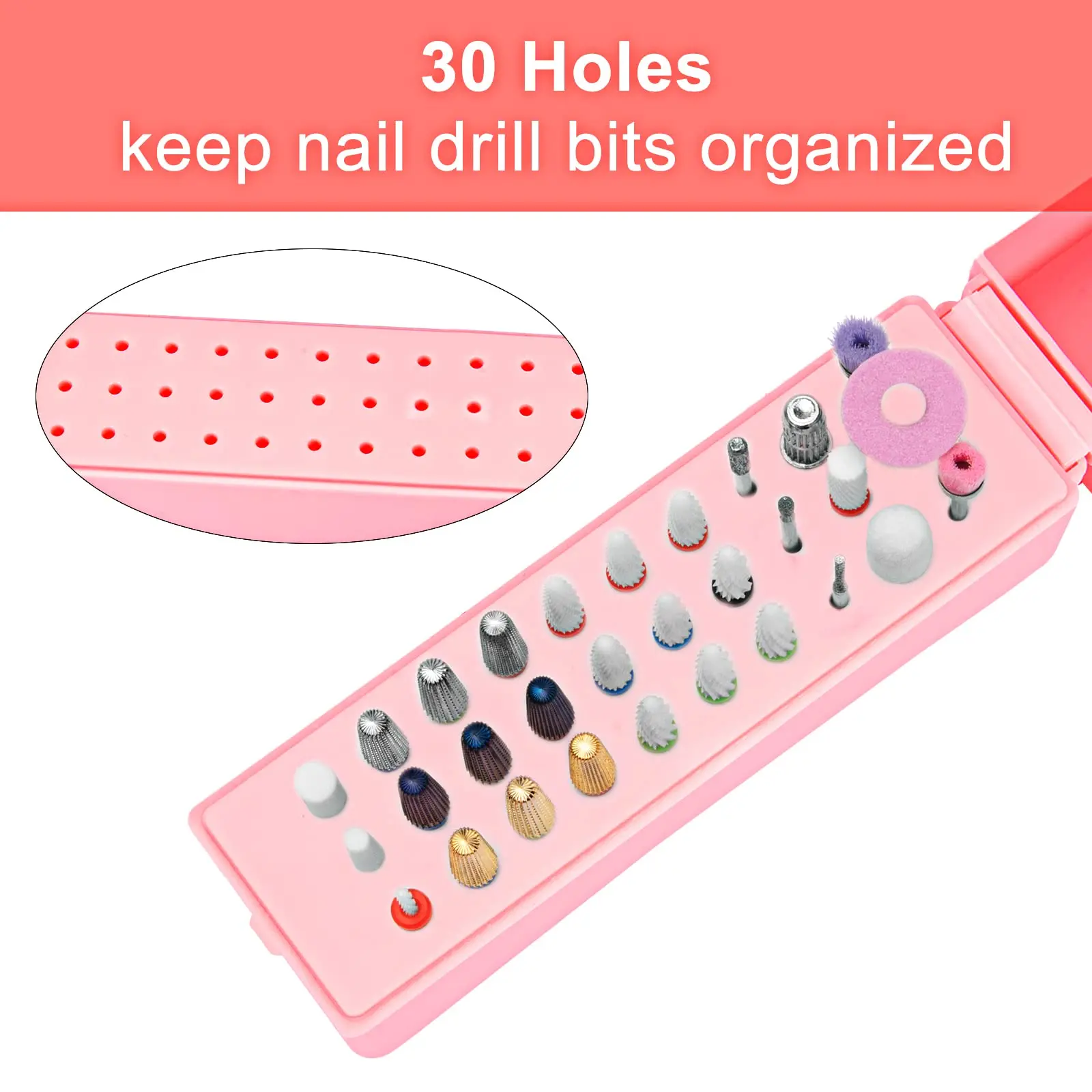 Dustproof Nail Drill Bits Holder 30 Holes PINK Milling Cutter Organizer Manicure Drill Bit Nails Stand Displayer Container images - 6