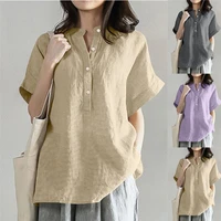 2022 new cotton mid length womens short sleeved temperament commuter loose pullover solid color top female lady casual shirts