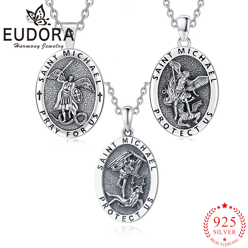 

Eudora 925 Sterling Silver Saint Michael Archangel Patronus Necklace Vintage Relief Religious Pendant Men Women Fashion Jewelry