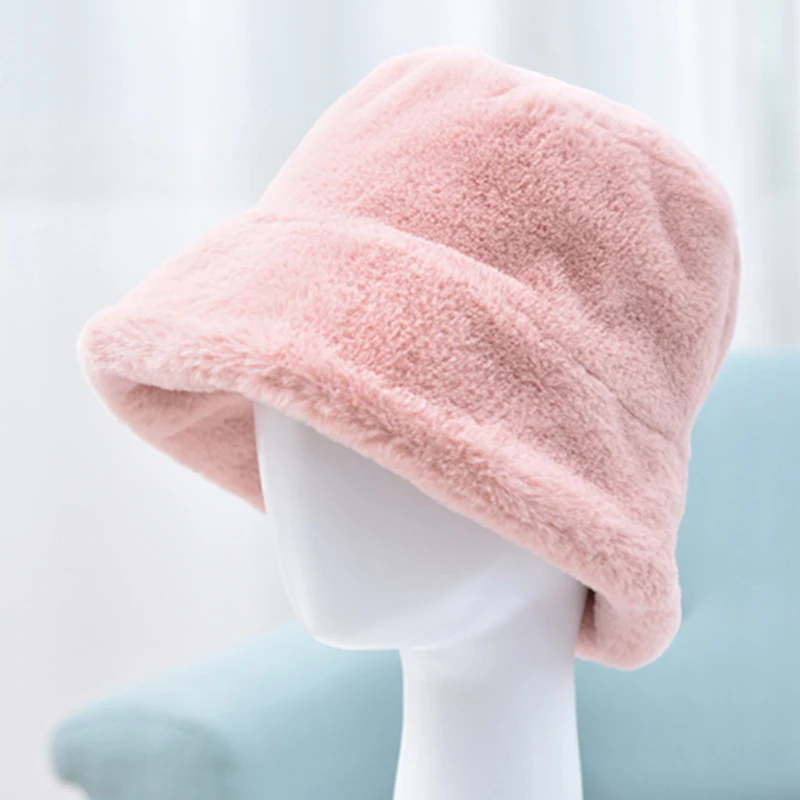 

Large Size Chic Women Winter Travel Solid Color Plushy Faux Fur Wide Brim Thick Warm Bucket Cap