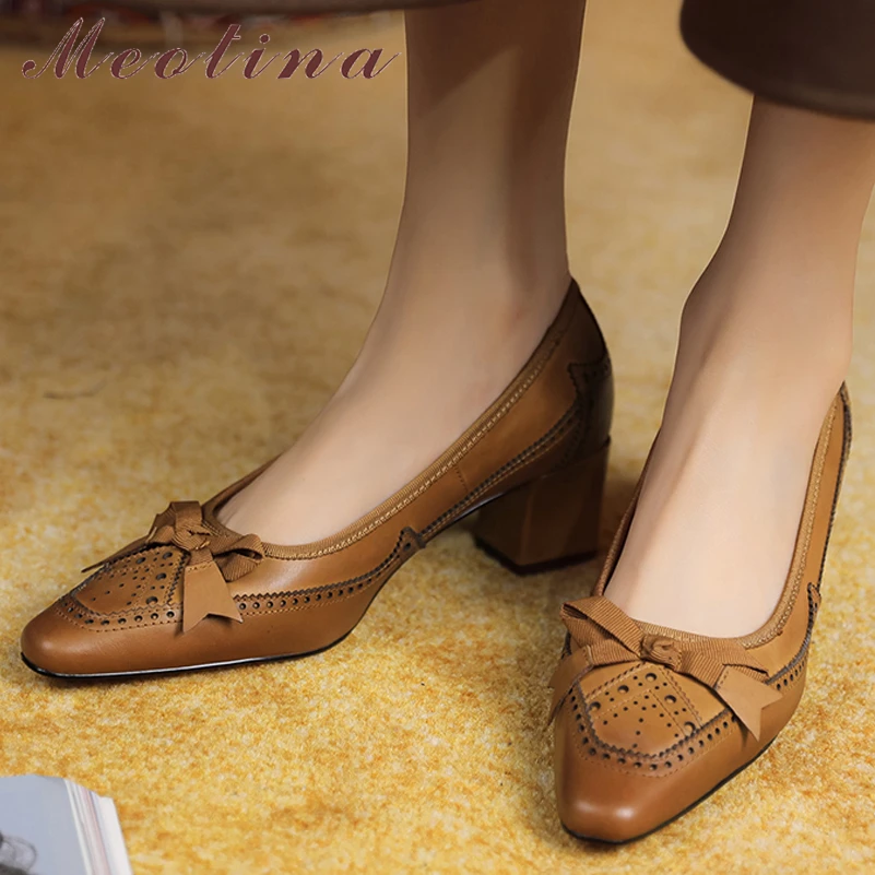

Meotina Women Genuine Leather Square Toe Thick Mid Heel Cut-Out Bow Pumps Ladies Fashion Casual Heels Black Brown Shoes 40