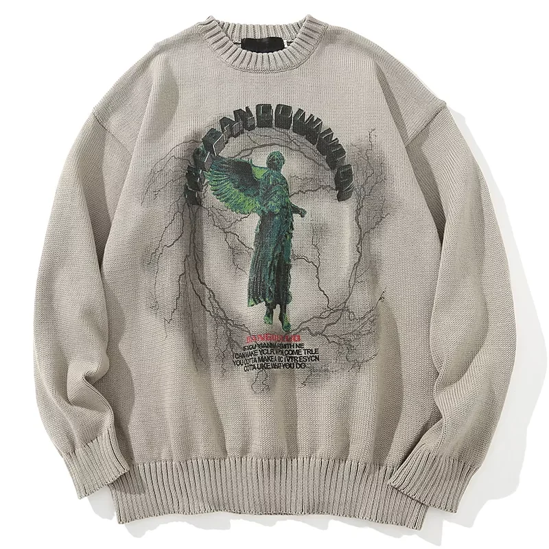 

Men Hip Hop Knitted Jumper Sweaters Angel Lightning Printed Streetwear Harajuku Maiden Autumn Oversize Hipster Casual Pullovers