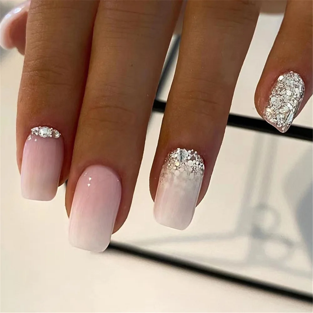 

Набор накладных ногтей градиентного розового цвета, накладные ногти, французские квадратные накладные ногти с дизайном, модный серебристый Блестящий декоративный маникюр