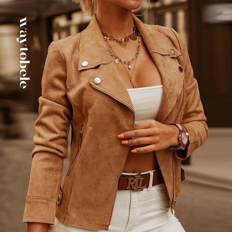 

Waytobele Women Coat Jacket Winter Lapel Zipper Solid Short Slim Thermal Warm Buckskin Overcoat Tops High Streetwear