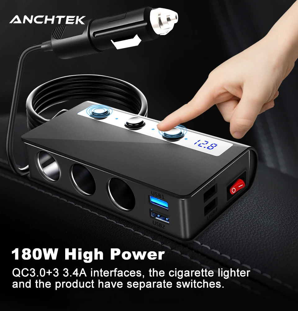 

Anchtek 180W Cigarette Lighter Splitter QC3.0 Type-C Car Fast Charger Adapter 12V/24V 4 Port USB Charging Socket For Phone IPad