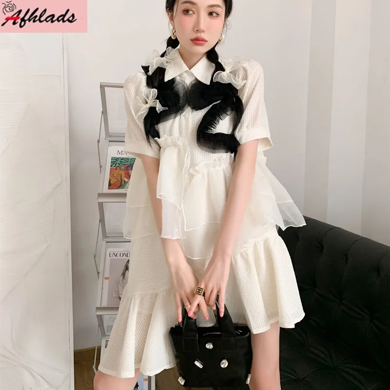 

Черно-белое контрастное Сетчатое платье с оборками, женское летнее асимметричное однобортное свободное платье-рубашка с отложным воротник...