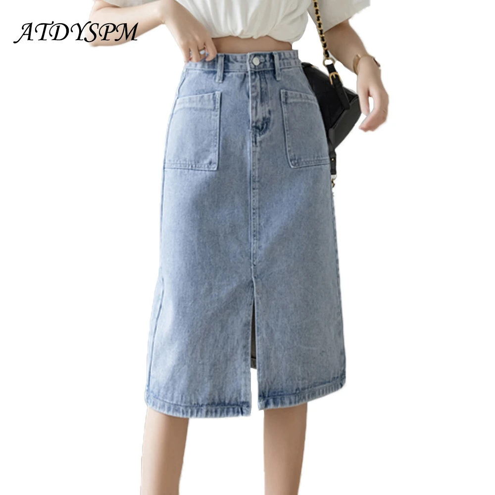 

New Brand Fashion Women Denim Skirts High Waist Straight Skirts Vintage Korean Ladies Casual Split Midi Skirts Faldas Mujer 2022