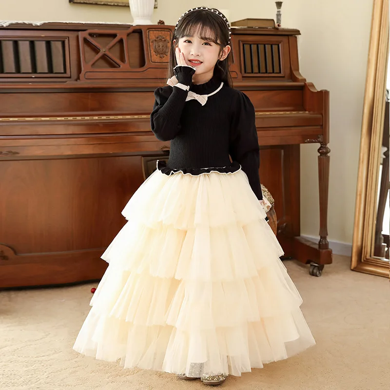Вязаный свитер с бантом платье для девочек осенне-зимние кружевные платья