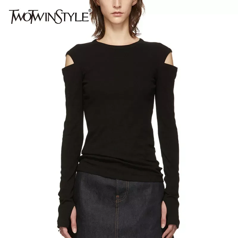 

TWOTWINSTYLE Casual Sexy Women T-shirt O Neck Long Sleeve Hollow Out Off Shoulder Slim T Shirt Female Fashion Clothing 2020 Tide