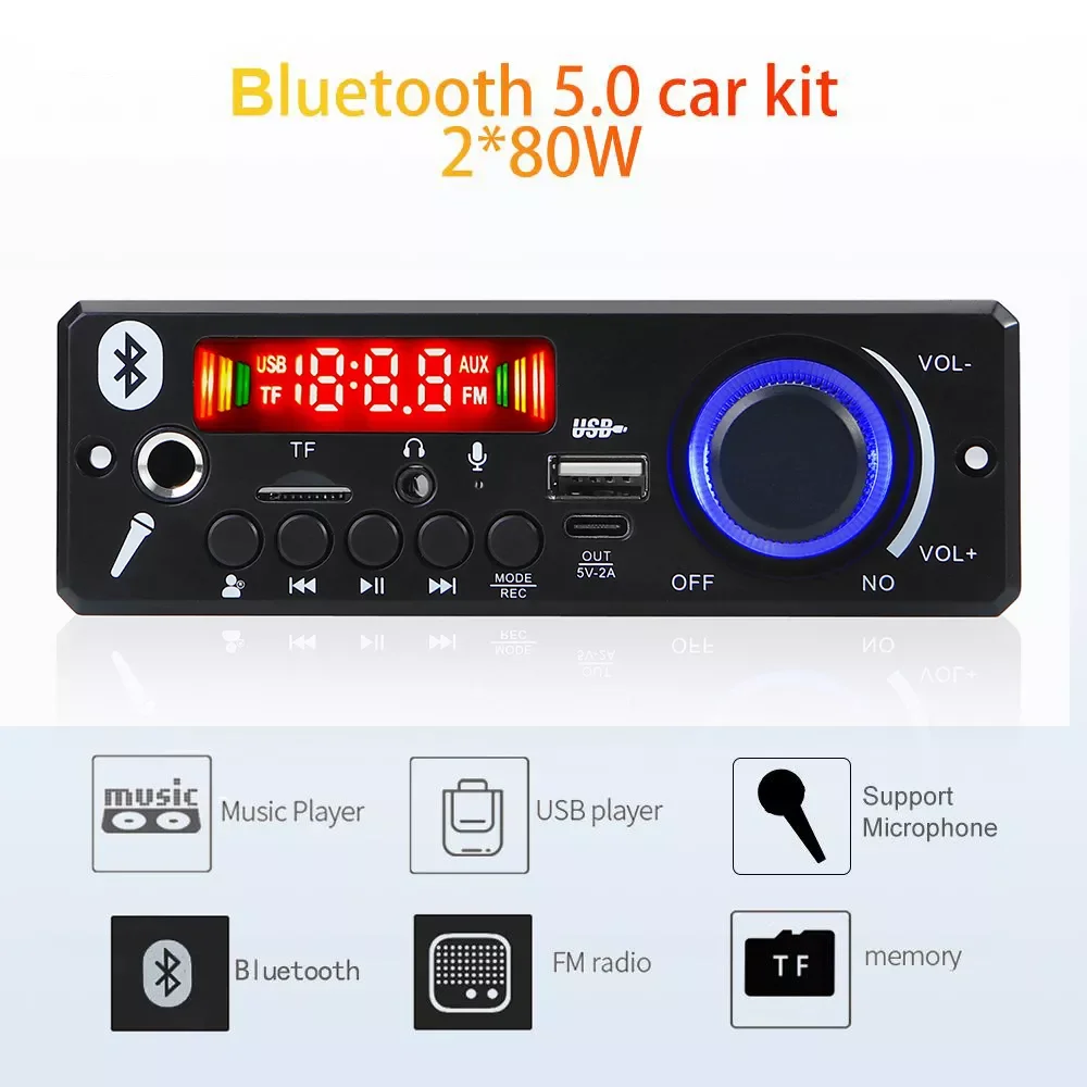 

80W Amplifier DIY MP3 Decoder Board 12V 160W Bluetooth Music Player Car FM Radio Module Microphone TF USB Handsfree Call Record
