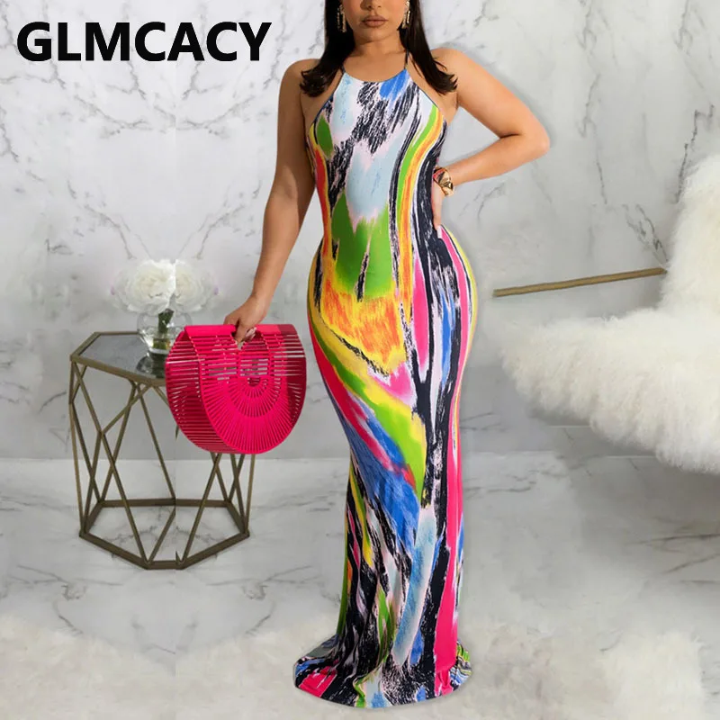 

Women Halter Backless Colorful Printed Sexy Maxi Dress