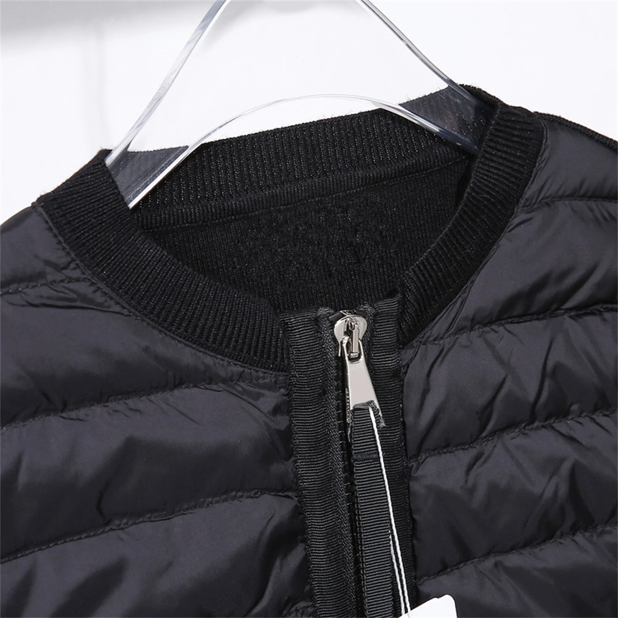 Winter Down Jacket Knitted Women's Round Neck Slim New Short Black and White Zipper Jacket Casual Autumn