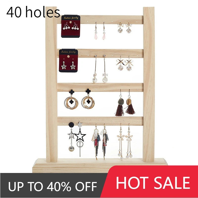 40 Holes Wooden Jewelry Display Hanging Rack Stand Earrings Necklace Organizer Holder Window Hanger Card Shelf