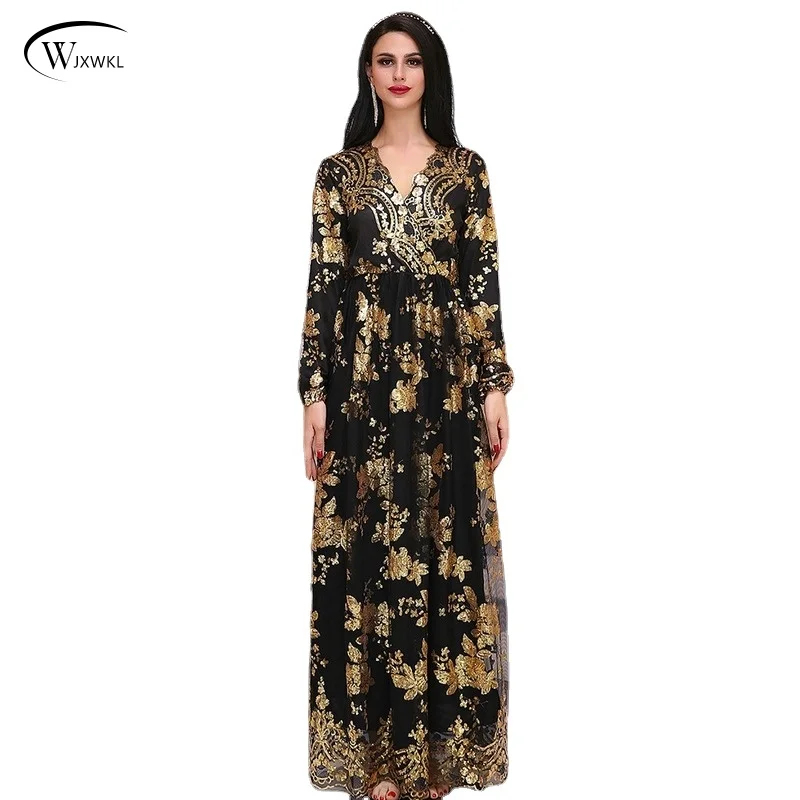 7000 Temperament Black Gold Sequins Embroidery Dubai Double Dress 2022 Abayas for Women Turkish