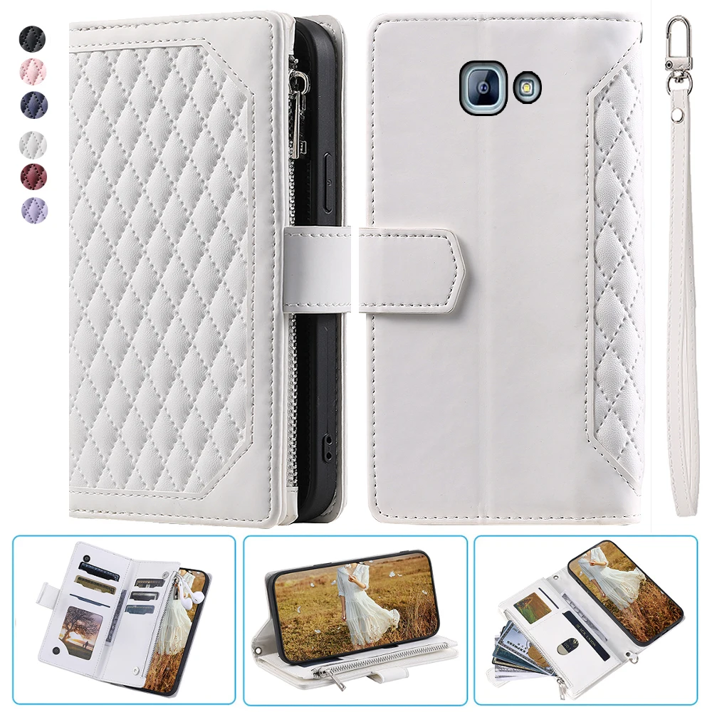 

For Samsung A8 2016 Fashion Small Fragrance Zipper Wallet Leather Case Flip Cover Multi Card Slots Cover Folio with Wrist Strap