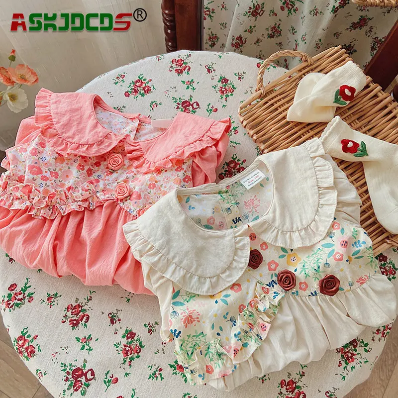 

2023 New In Cute Clothing Dress Summer Pretty Princess Puff Sleeve Patchwork Ruffles Flower 3D ROOSE Dresses Kids Baby Children