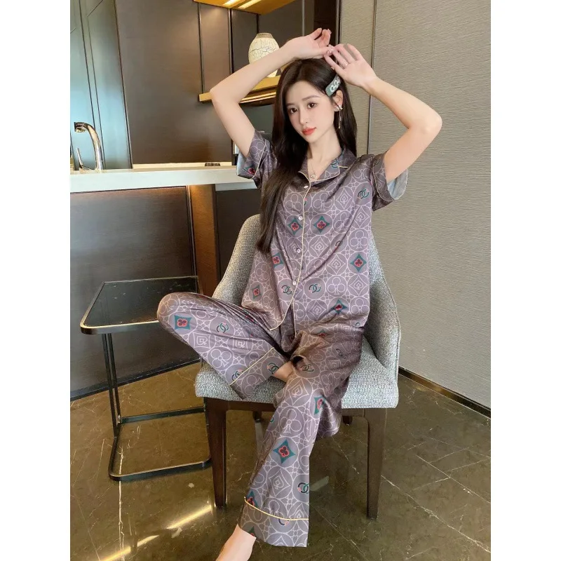 2023 Summer New Ice Silk Pajamas Women's Fashion Printed Homewear Short-Sleeved Trousers Trendy Suit