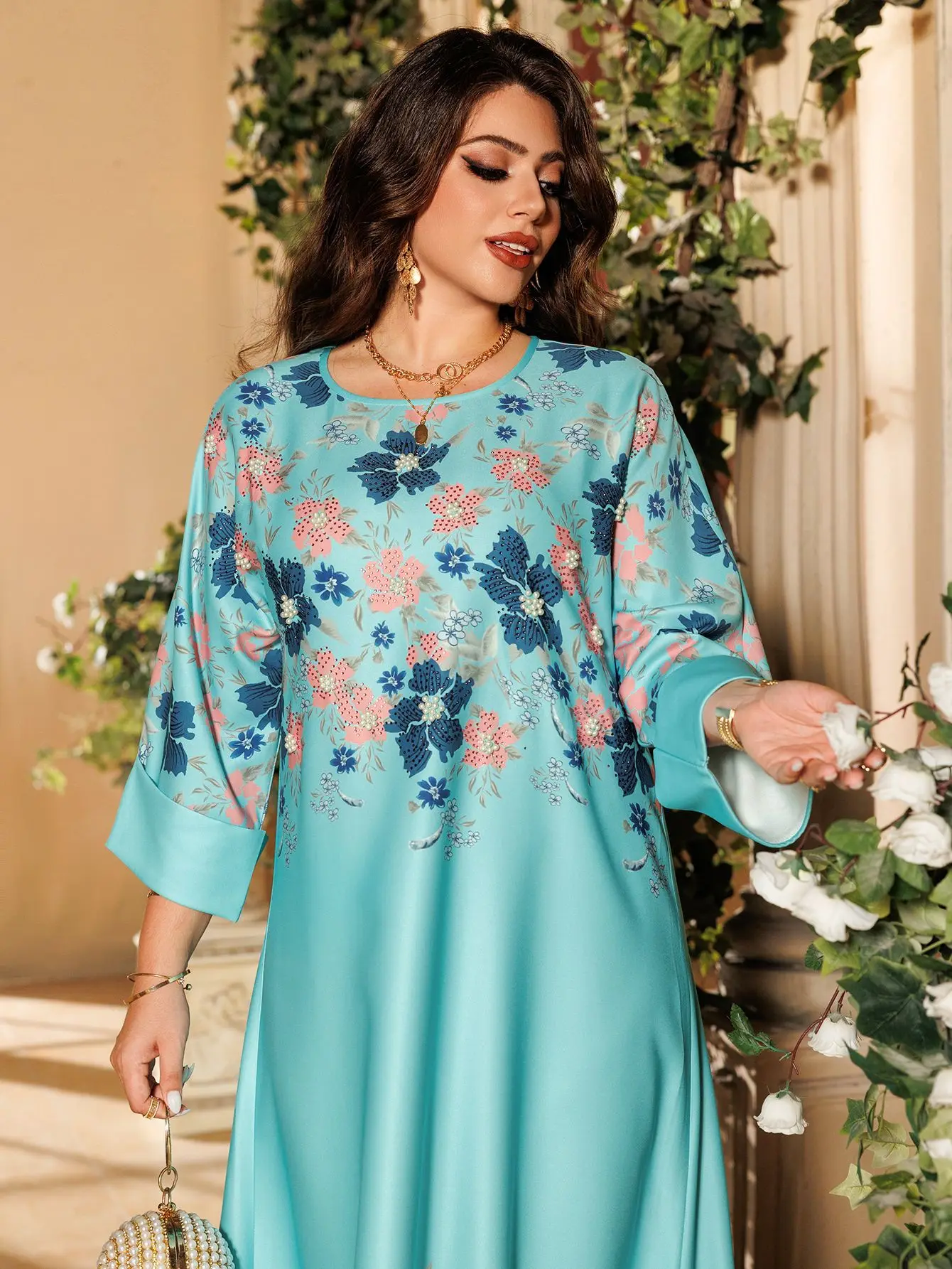 Abaya с мусульманским принтом Горячая модная одежда украшенная женское платье