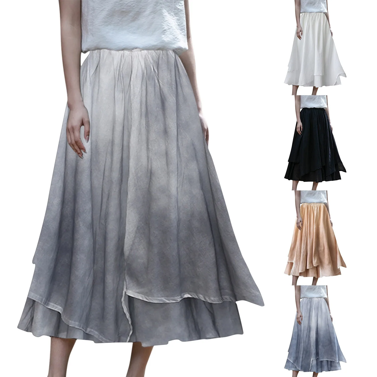 

Women'S Irregular Skirt High Waisted Linen Midi Skirt Elastic Waist Design Dizzy Dye Boho Beach Dresses Bodycon Robe Beach