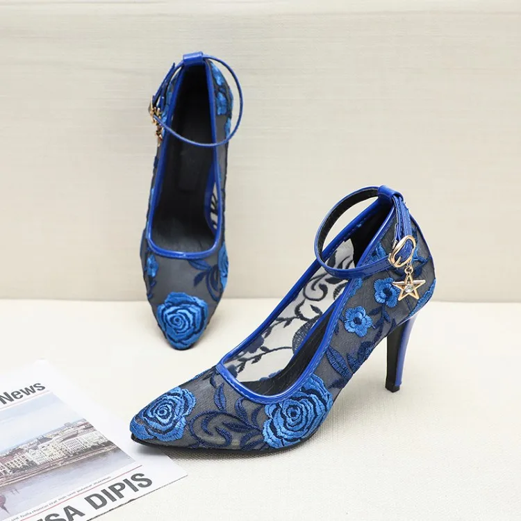 

Туфли большого размера на высоком каблуке, крутая сетчатая обувь с острым носком и вышивкой, воздухопроницаемость и комфорт, большие размеры