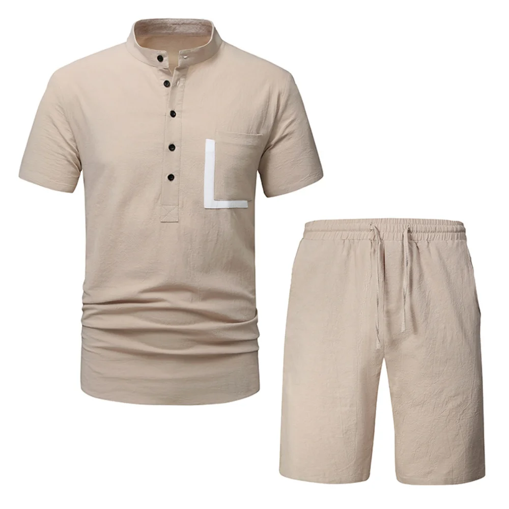 

Men's Cotton Hemp Henry Neck Casual Summer Men's Set Pocket Color Matching Set
