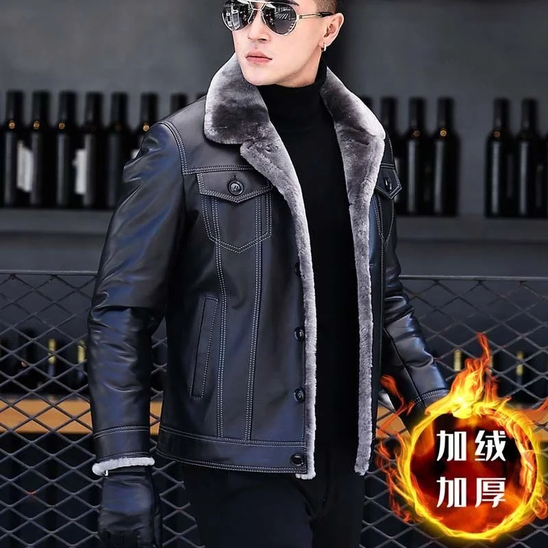 

leather 100% genuine fur coat men jacketWinter Haining integrated lapel jacket for young Sheepskin fitted trend