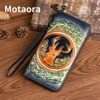 motaora vintage genuine leather womens wallets for woman handmade long wallet card holder retro embossed cowhide female purse
